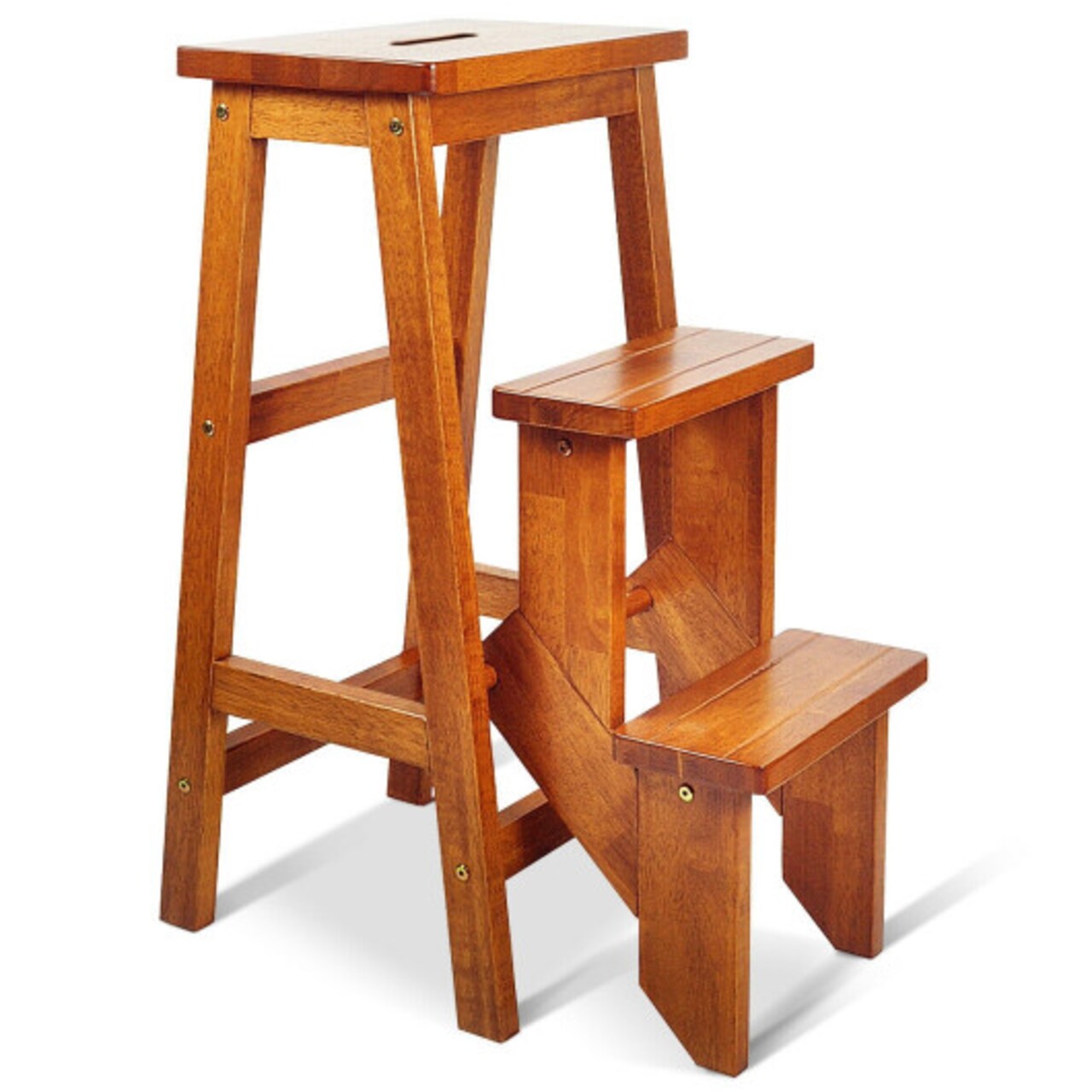 3-Step Folding Ladder Stool Bench 3-in-1 Rubber Wood Heavy Duty